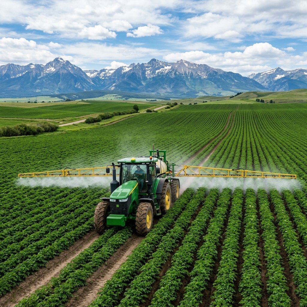Tractor spraying crops in field